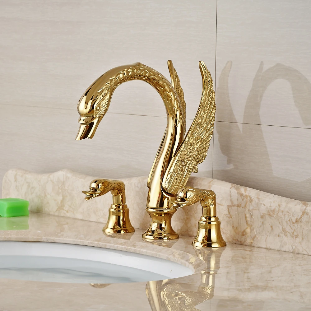 Роскошный смеситель для ванной комнаты, латунный, золотой, в форме лебедя, кран для раковины с двойной ручкой, смеситель для раковины
