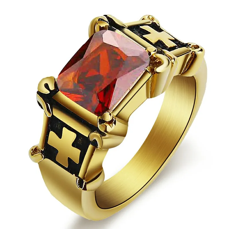Мужские Винтажные большие красные CZ кольца вакуумная Кофеварка коготь крест Готический Байкер кольцо рыцаря для женские модные кольца Рождество - Цвет основного камня: Gold-red