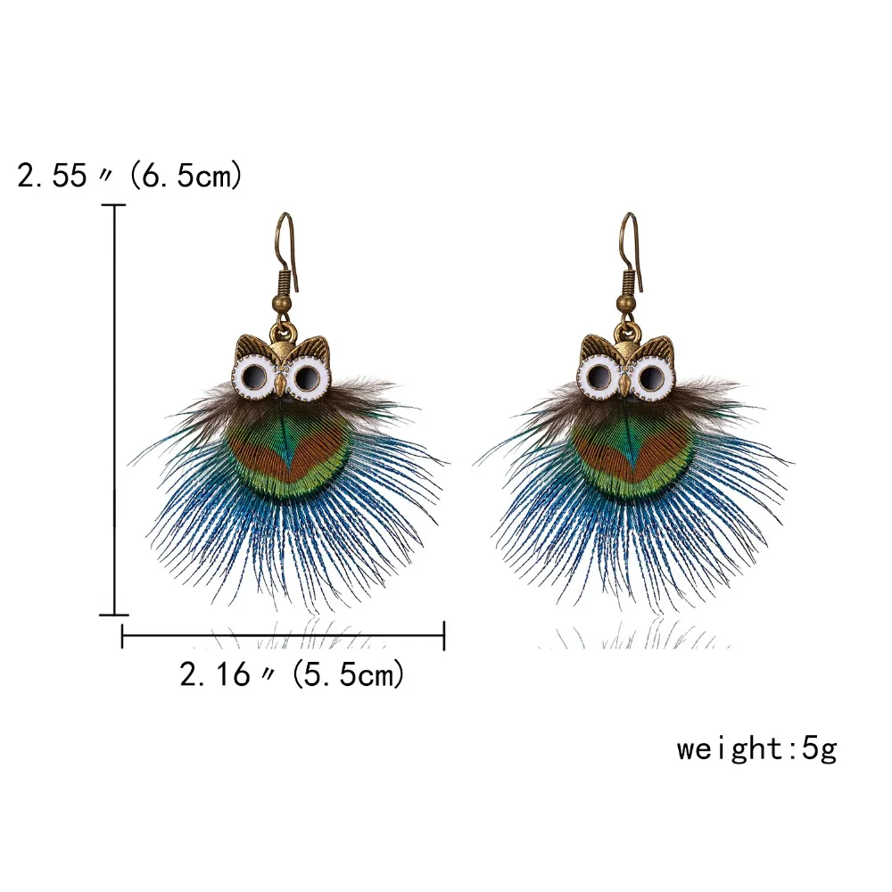 Богемные серьги перо длинный дизайн милая сова птица серьги для женщин ювелирные изделия Перьевые Украшения Серьги Bijoux