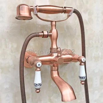 

Bathroom Antique Red Copper Wall Mounted Bathtub Faucet Dual Ceramic Handle Shower Mixer Tap with Handheld Shower Spray ltf804