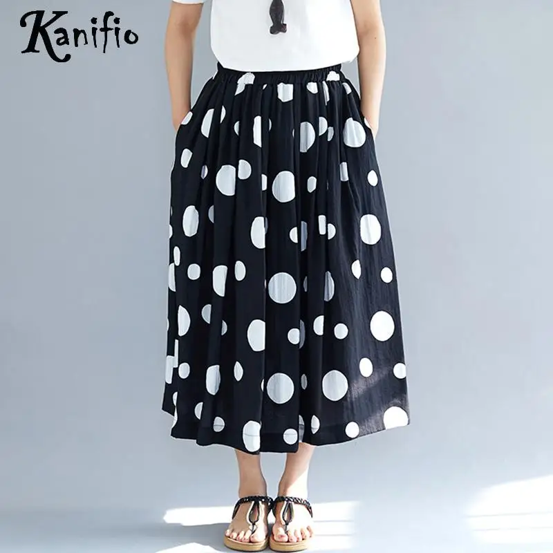 

Kanifio Plus Size Women Polk Dot Printed Pocket Long Skirts 2019 Spring Summer Casual Elastic Hight Waist A-Ling Skirts Black