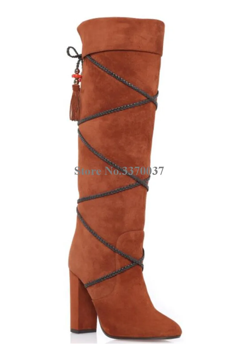 Botas A Alto Rodilla As Mano Cruz Alta Punta Tacón Largo as Picture Hechas Grueso Encaje De Gamuza Marca Picture Cuero Correa Borlas qaAzzO