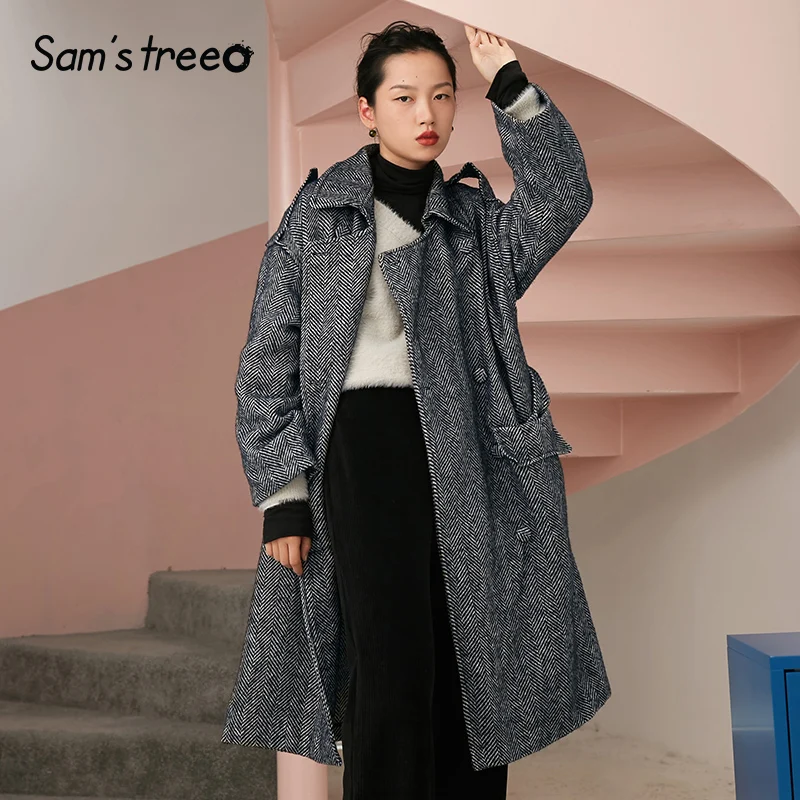 Samstree New Winter Vogue Women Wool Coat Oversize Long Double-Breasted Belt Turn-down Collar Pocket Outwear Coat Over Size