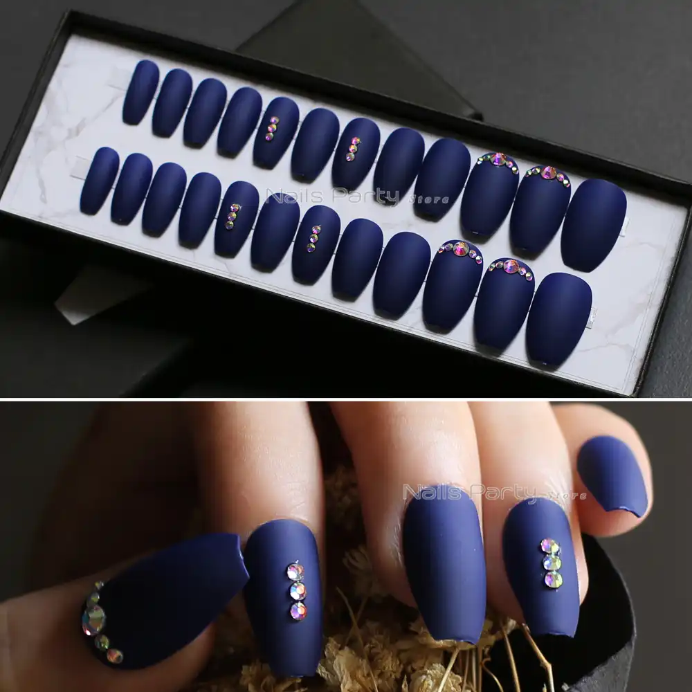 Fake Nails Coffin Jewelry Navy Blue Full Sets Shiny Ab