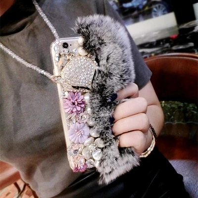 Теплый пушистый кроличий мех Bling бриллианты лиса жемчуг ювелирные изделия мягкий чехол Обложка для Samsung GS6 S7 S8 S9 S10 PLUS Lite Note10 9 8 5 Capa - Цвет: 1