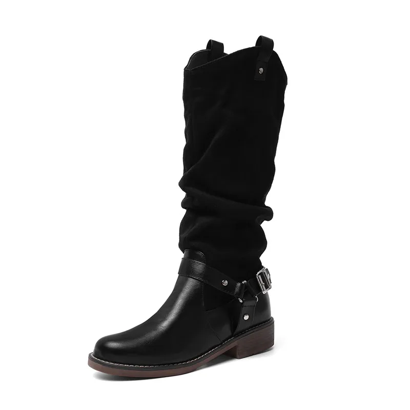 black with fur MORAZORA/ г. Размеры 34-45, сапоги до середины икры женская повседневная обувь из pu искусственной кожи и флока с пряжкой на квадратном каблуке в стиле панк теплые зимние женские сапоги - Цвет: black with fur