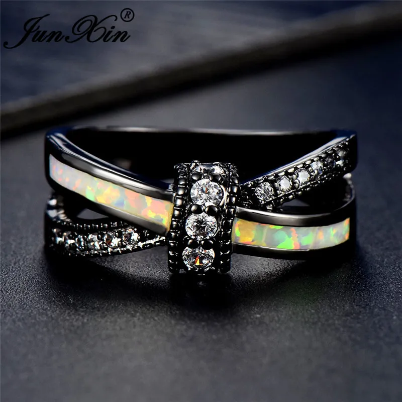 JUNXIN Wholesale Rainbow Fire Opal Rings For Women Men Black Gold Filled Green Blue White Opals Red Purple Zircon Crossed Ring
