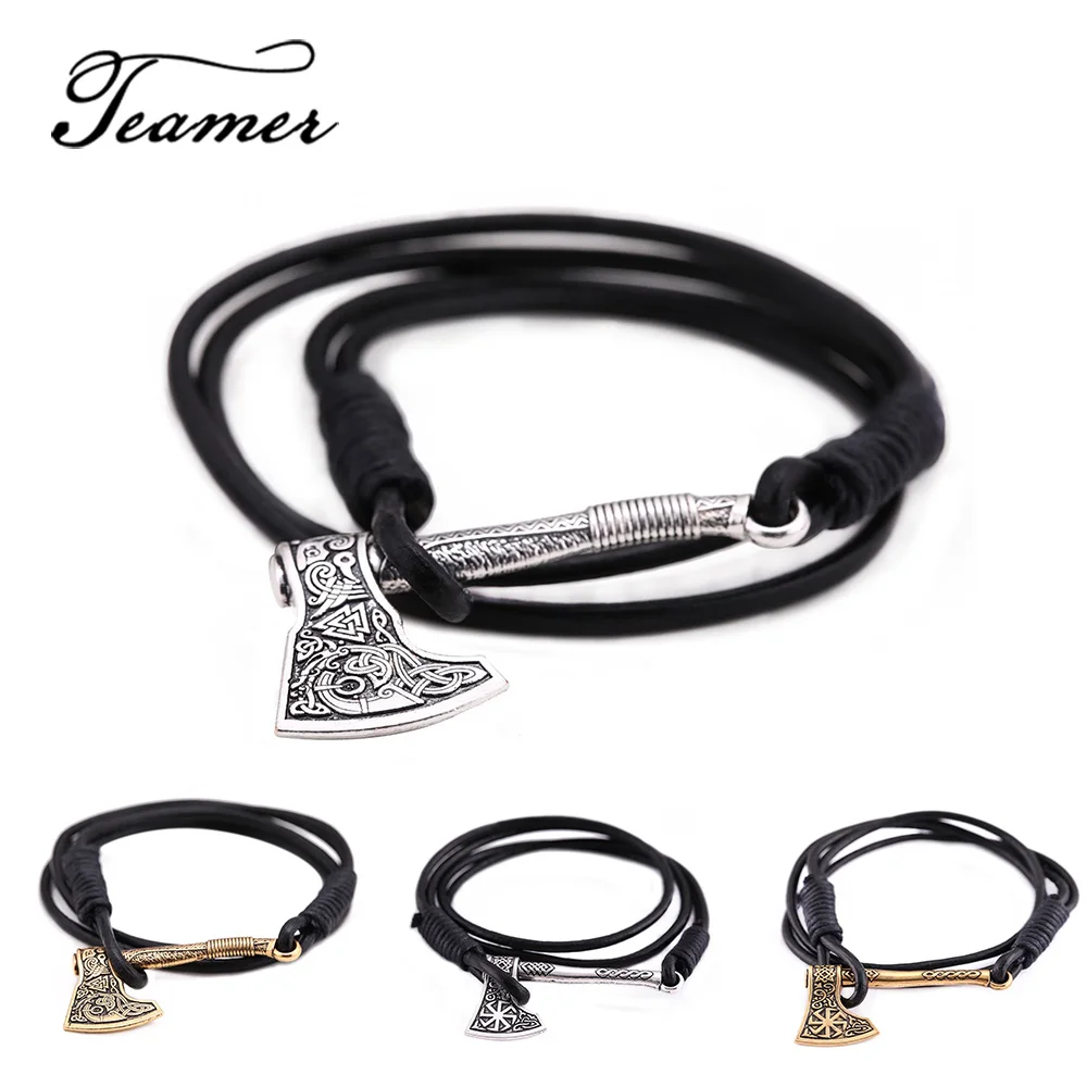 

Teamer Real Leather Rope Bracelets Men Axe Charm Nordic Viking Bracelet Sun Wheel Slavic Punk Bracelets Amulet Jewelry Gifts