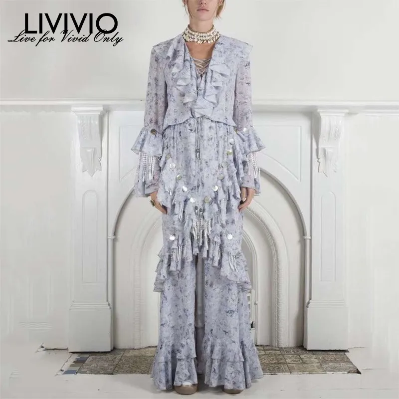 

[LIVIVIO] V Neck Patchwork Sequins Tassel Maxi Dresses Women Flare Sleeve Ruffle Party Dress Female 2019 Spring Fashion New