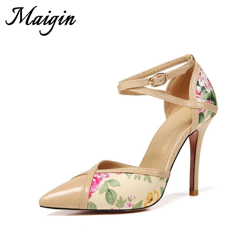 Maigin High Heels Women Sandals Pointed Toe Print Leather Ladies Sandals Buckle Strap Footwear 2018 Big Size Female Office Shoes