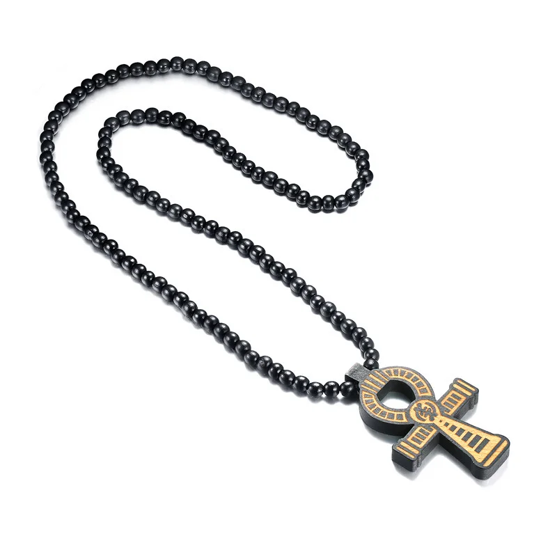 Мужская коричневая деревянная подвеска Ankh Cross с 35 дюймовым деревянным бисерным ожерельем мужские Египетские украшения в стиле хип-хоп для него ключ Нил