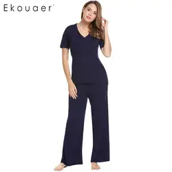 Ekouaer элегантный пижамы повседневные с v-образным вырезом пижамы Осень Топы с короткими рукавами и Твердые упругие талии широкие ноги брюки