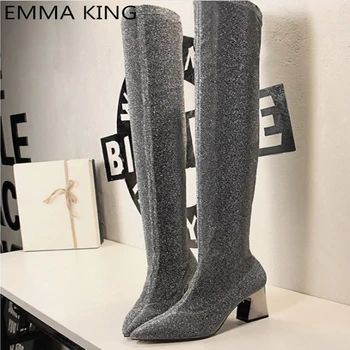 

EMMA KING Brand Socks Boots Women black&silver Over The Knee Thigh High Boots Lady Knitting Stretch chunky Boots size 35-40