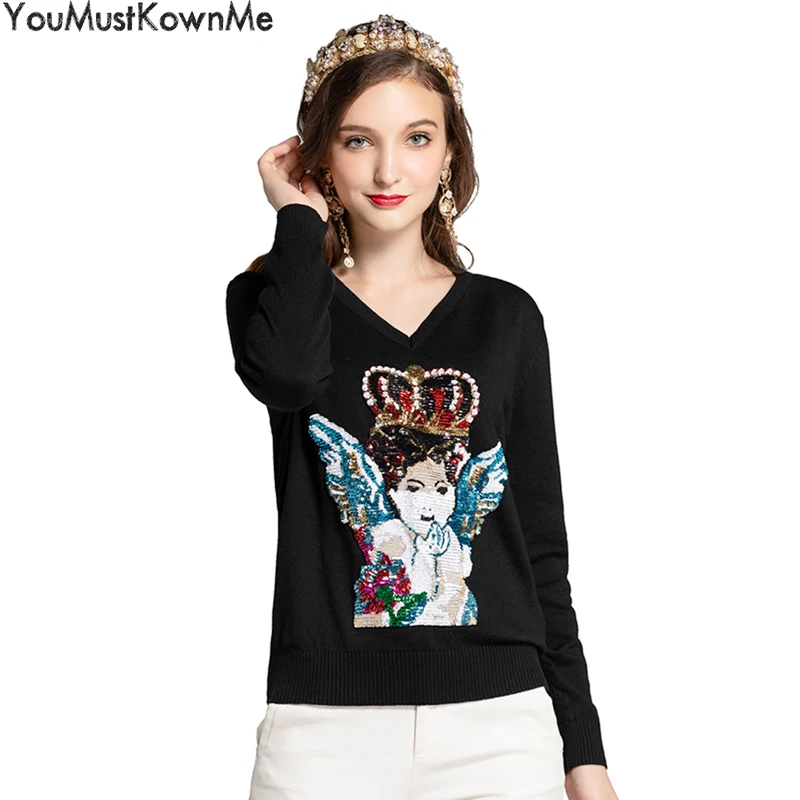 

2019 women sweate long sleeve v-neck angel pattern sequined embroidery knitted fall autum tops pullovers good quality wool