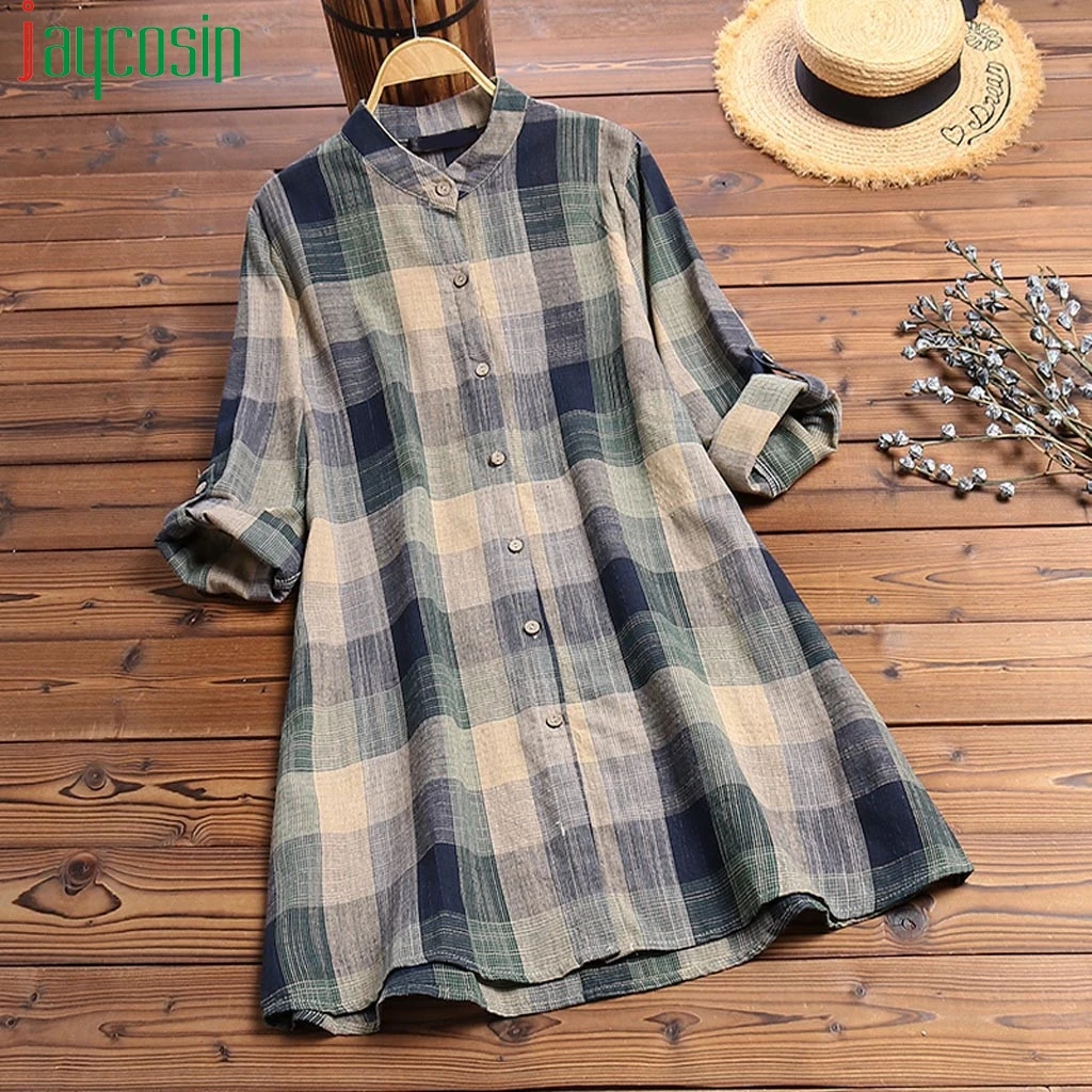 

Women long blouse Tops linen cotton long-sleeved casual plus size plaid Shirts Ladies button loose blouse femme manche longue