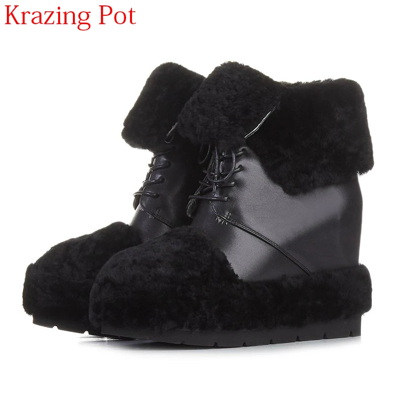 

New Arrival Cow Leather Sheep Fur Keep Warm Wool Platform Wedge Increasing Ankle Boots Luxury High Heels Women Snow Boots L01