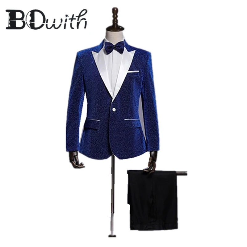

Shiny Blue Wedding Men Suit Notched Collar One Button Slim Fit 2 Pieces Jacket+Pants For Wedding Groom Tuxedos Formal Suits