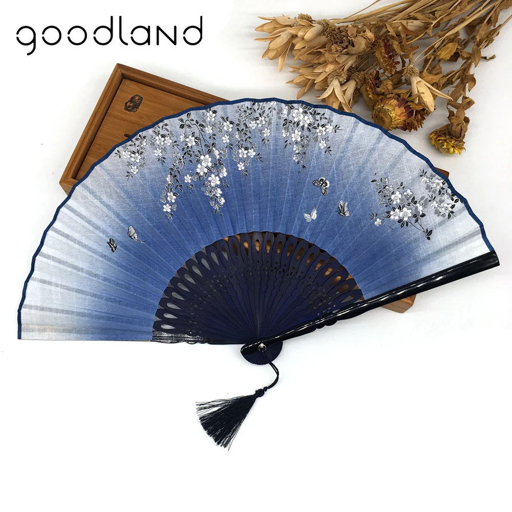 Free Shipping 5pcs Linen Bamboo Chinese Floral Print Pocket Fan with