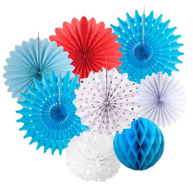 8pcs royal blue white red paper decoration set tissue paper fans paper flower pinwheels