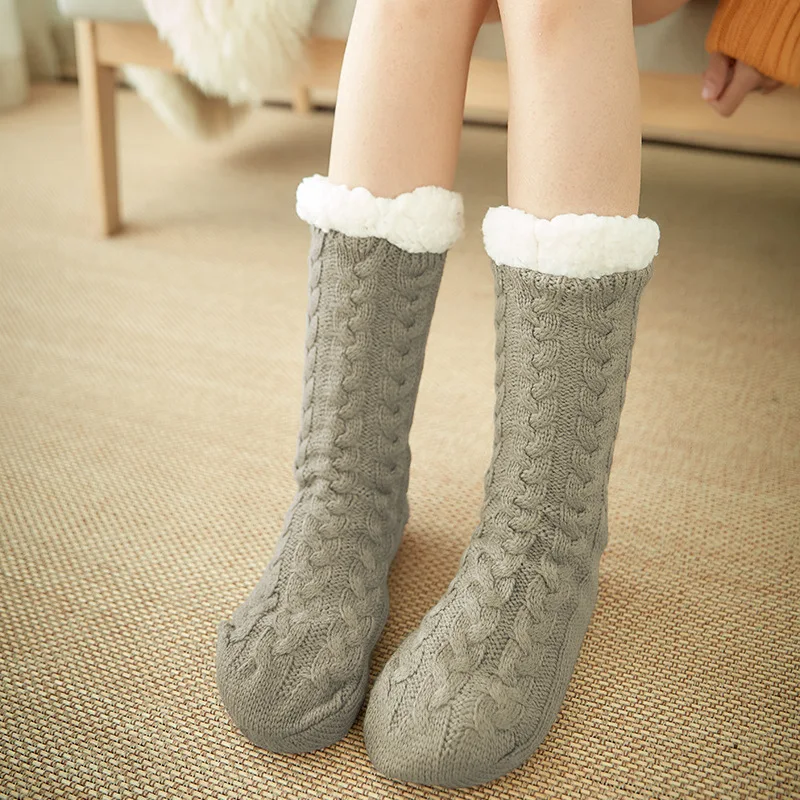 Осень-зима, утепленные плюшевые трикотажные хлопковые носки, женские нескользящие домашние носки-тапочки, теплые чулочно-носочные изделия до середины икры, домашние тапочки, новинка - Цвет: Коричневый