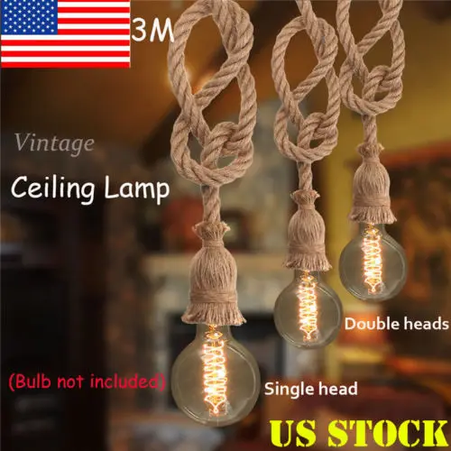 

E27 Party DIY Pendant Lamp Retro Vintage Edison Hemp Rope Ceiling Light Fixture Retro Twine Single Head or Double Heads