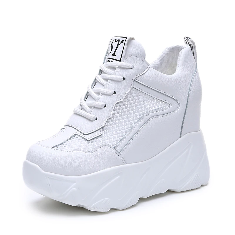 

2019 Women's Casual Shoes Mesh Breathable Platform Wedge Heels Shoes 10CM Summer Mesh Sneakers White Shoes Zapatillas Deportivas