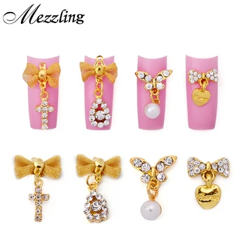 

10pcs/lot Gold Alloy Glitter Rhinestone Nail Art Decoration,Butterfly Bow with Pearl Pendant 3d Nail Jewelry,DIY Charm Nail Tool