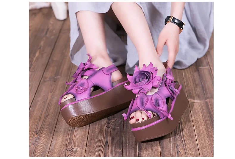 GKTINOO Винтаж цветок толстая подошва туфли на танкетке на высоком каблуке женские босоножки на платформе; сандалии из натуральной кожи, сделанные вручную;