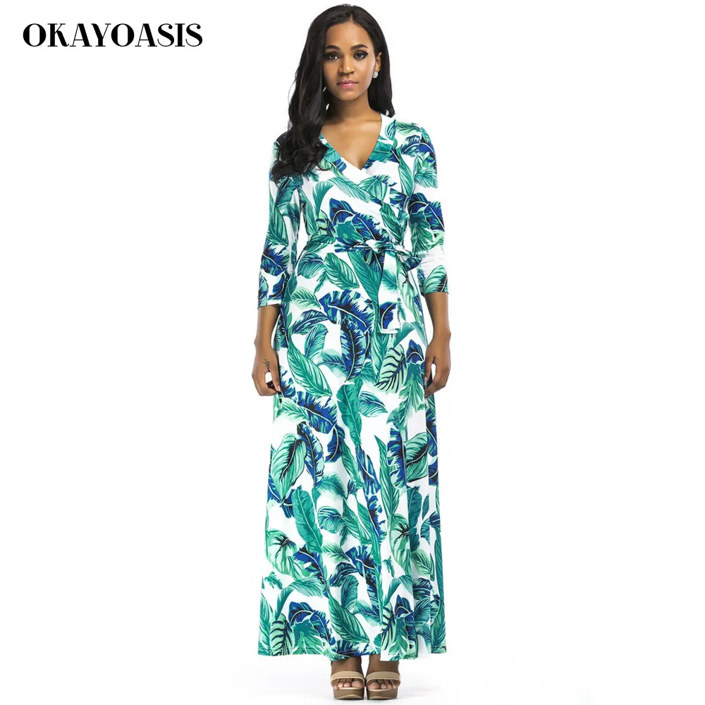 Leaf Print Maxi Dress Spring Summer 2018 Fashion 3/4 Sleeve Dresses