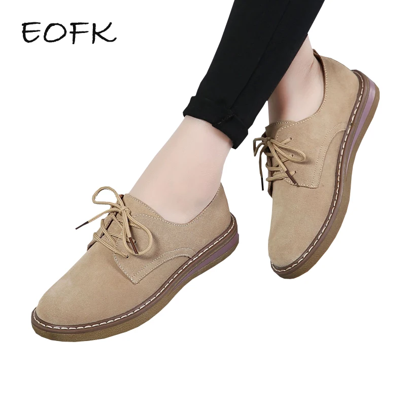 EOFK/Женская обувь из натуральной кожи; сезон весна-осень; Женская замшевая обувь на плоской подошве; женская повседневная обувь на плоской подошве со шнуровкой