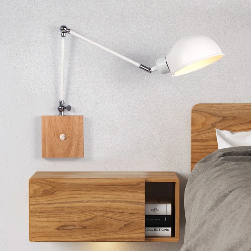 

nordic wooden adjustable bedside wall lamp modern indoor led reading light study living room sconce vanity light home decoration