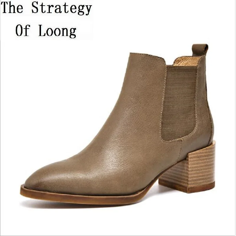 

2019 New Autumn Winter British Style Multiple Styles Sewing Genuine Leather Slip On Pointed Toe Thick Heels Women Chelsea Boots