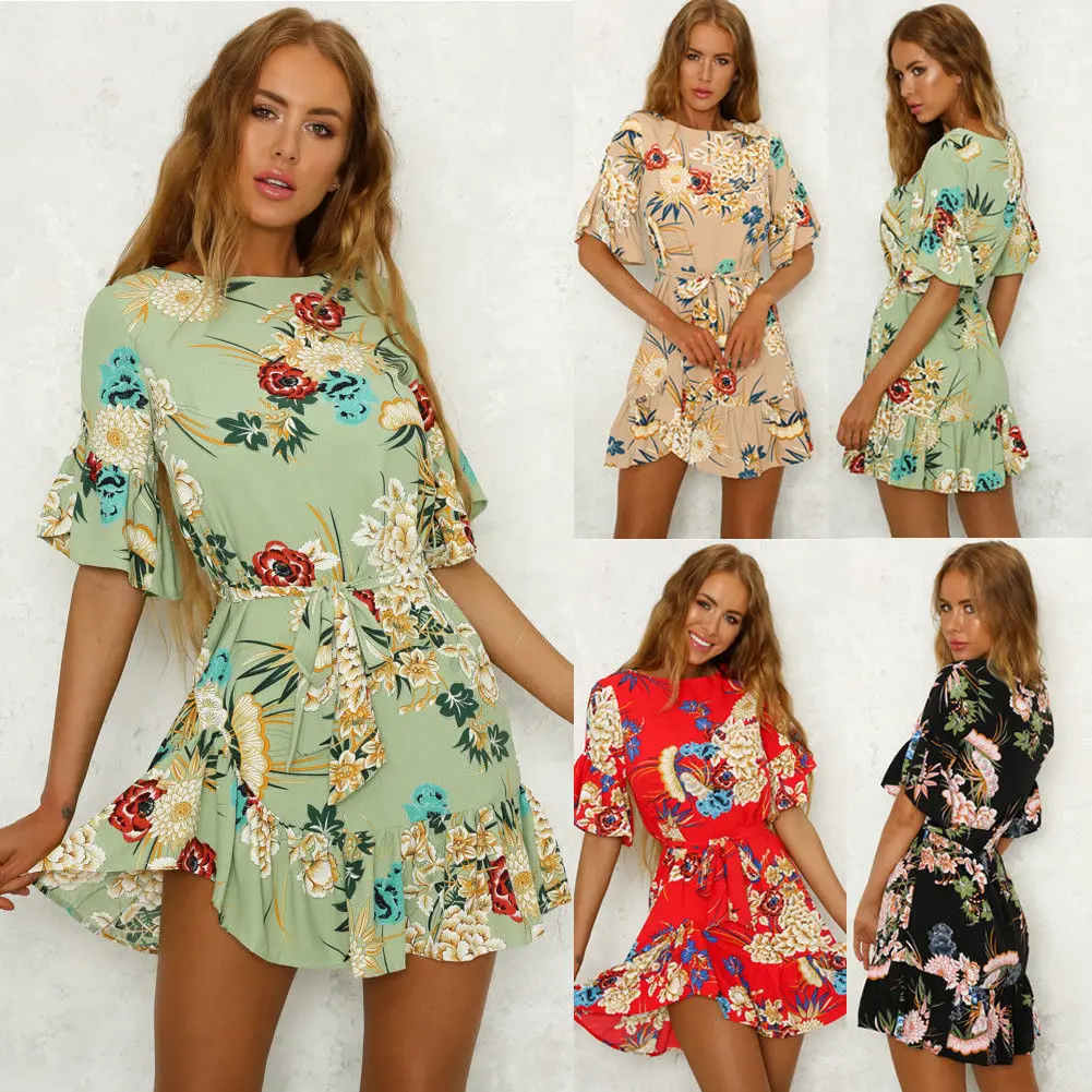 

New Women Summer Casual Dress Mini Party Evening Short Sleeve Beach Floral dress bohemian beach dress