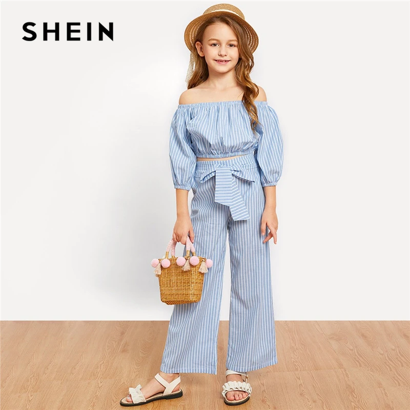 SHEIN كيدي الأزرق قبالة الكتف مخطط أعلى و عقدة فستان أطفال مع سروال داخلي الفتيات الملابس مجموعة 2019 ملابس علوية بأكمام طويلة للربيع عارضة فتاة ...