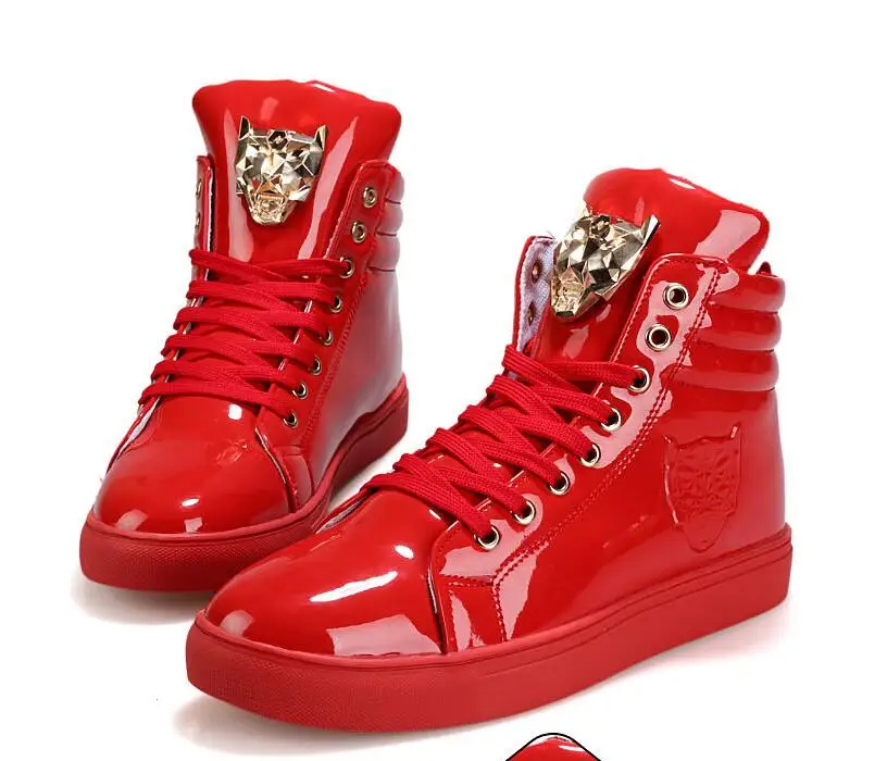 

2019 New Fashion High Top Casual Shoes For Men PU Leather Lace Up Red White Black Color Mens Casual Shoes Men High Top Shoes