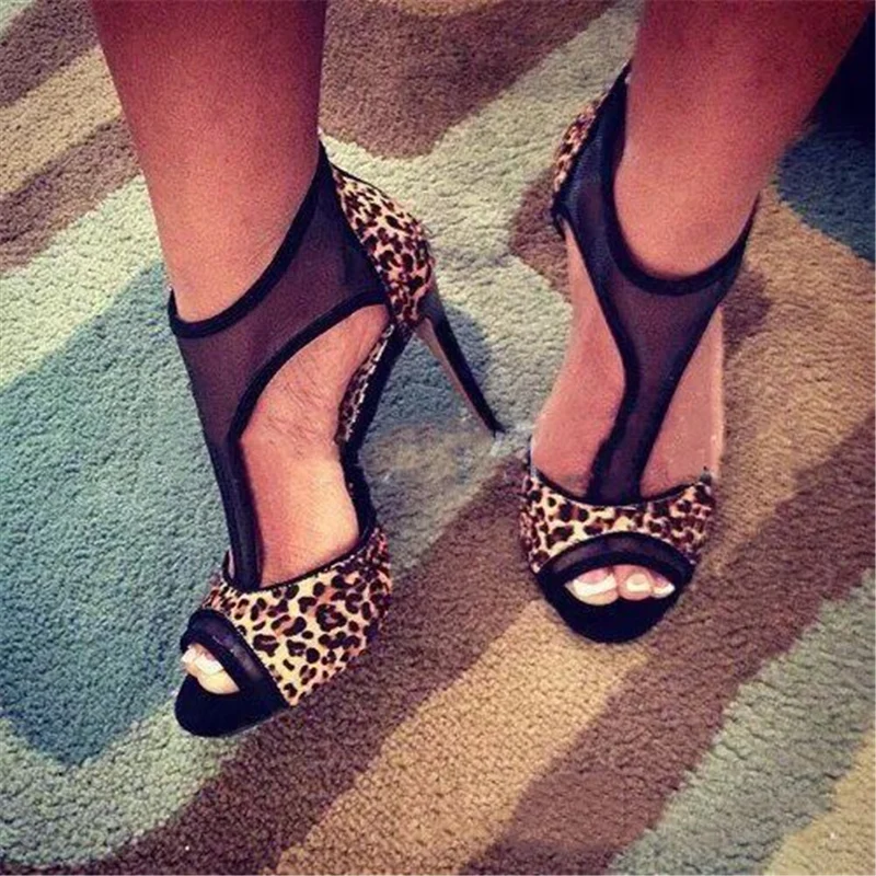 

2019 Summer Women 11.5cm High Heels Open Toe Leopard Sandals Female Fetish Shoes Lady Valentine Stiletto Mesh Stripper Pumps