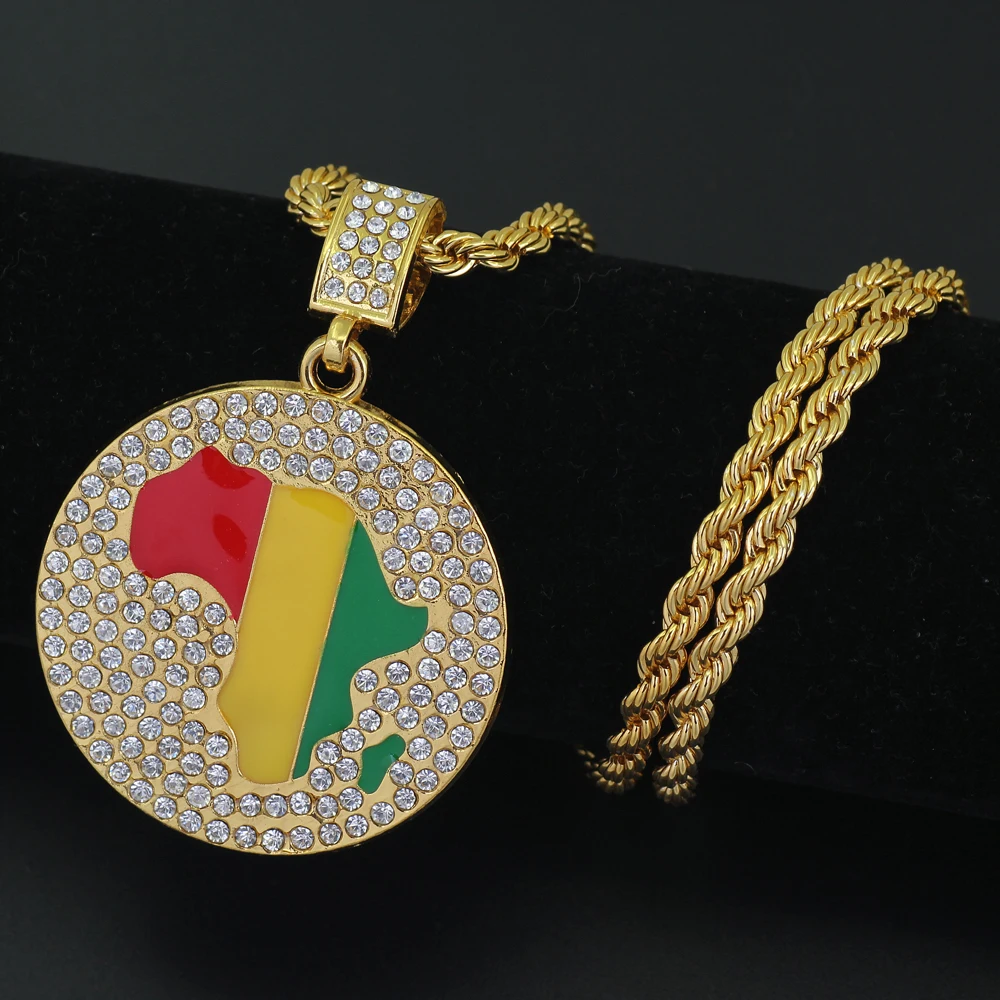 2 Sizes Gold Jamaican Africa Map Continent African Round Pendant Rope
