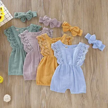 

2Pcs Summer Newborn Girls Rompers Set Flare Sleeve Solid Print Lace Design Bodysuit Jumpsuit with Headband
