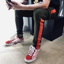 Винтаж Цвет Блок Лоскутная High Street Штаны хип-хоп мода городской одежды с красной подошвой Штаны черный американский размер пот Штаны