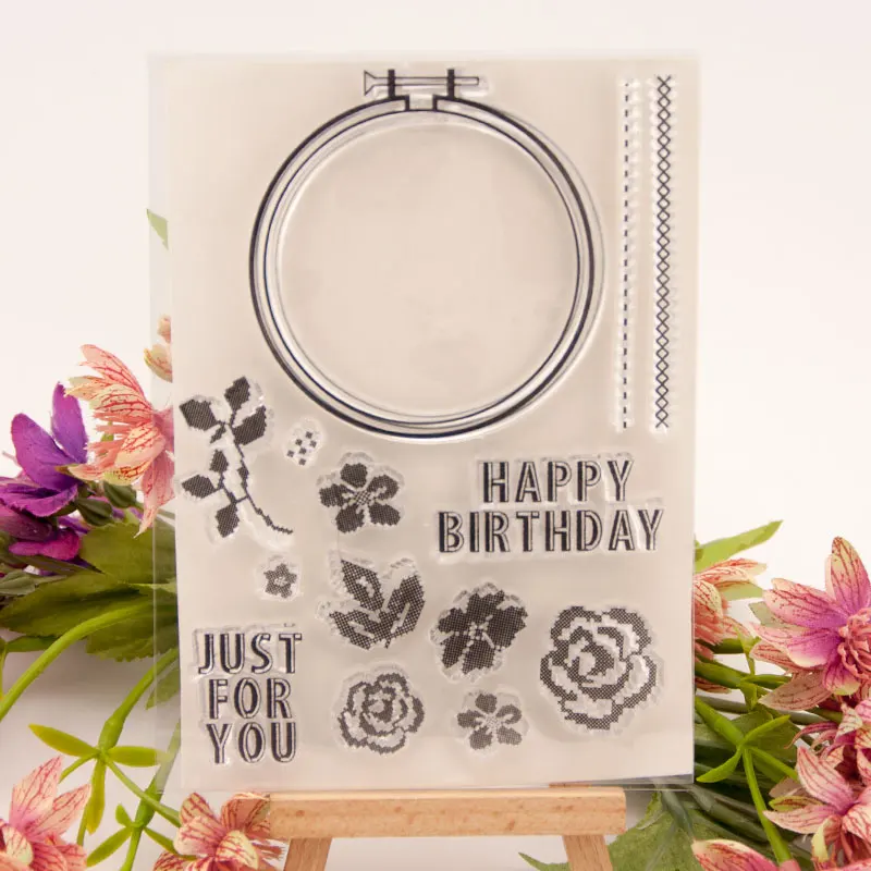 

Happy Birthday Flower Clear Stamps with Die Cuts for Scrapbooking DIY Silicone Seals Photo Album Embossing Folder Paper Template
