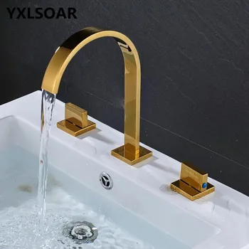 Bathroom Basin Faucet Brass Sink Mixer Tap Hot and Cold Bathroom Crane Deck Mounted Square Widespread Waterfall Faucet Torneiras bathroom sink faucet waterfall solid brass basin faucets free shipping mixer tap bathroom faucet hot cold mixing valve