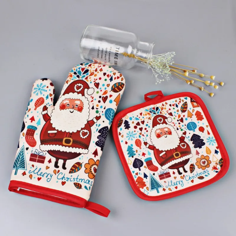 

Xmas Kitchen Baking Supply Christmas Oven And Microwave Oven Hot Insulation Mat Baking Anti-Hot Gloves For Home