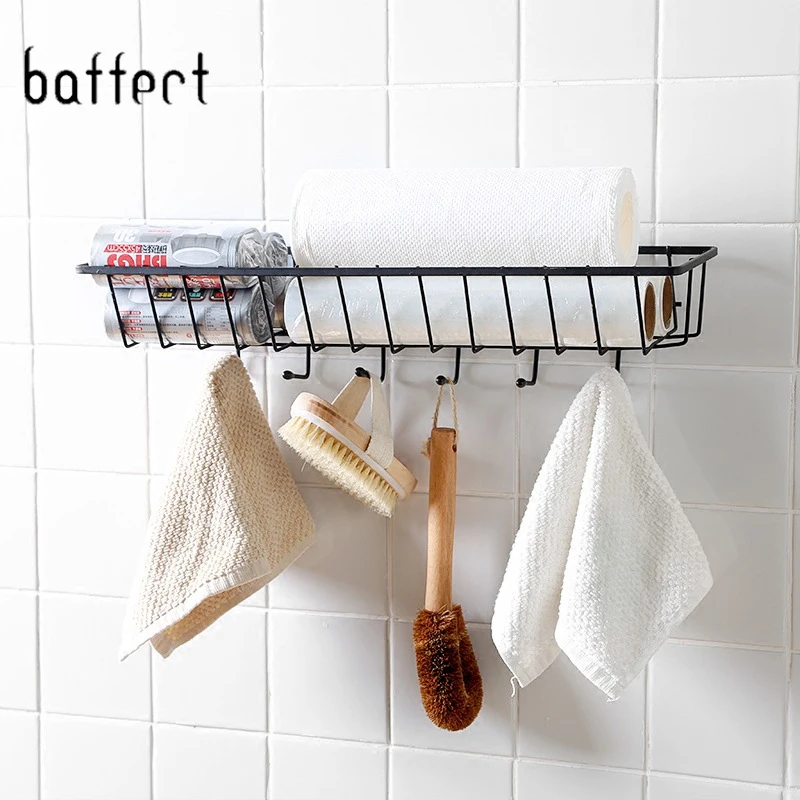 

Iron Kitchen Storage Basket Sundries Wall Organizer Rack Kitchen Seasoning Hanging Basket Bathroom Shelf Desktop With 6 Hooks