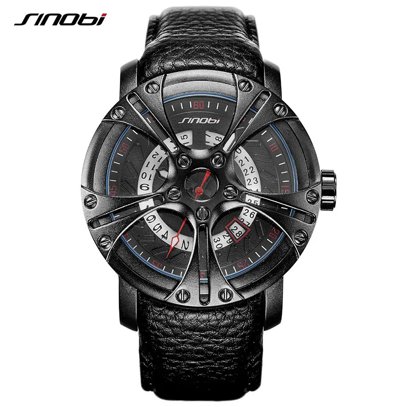 

SINOBI New Racing Wheel Fashion Design Sports Watch Men Leather Straps Black Silver Mens Watches 2017 Luxury relogio masculino