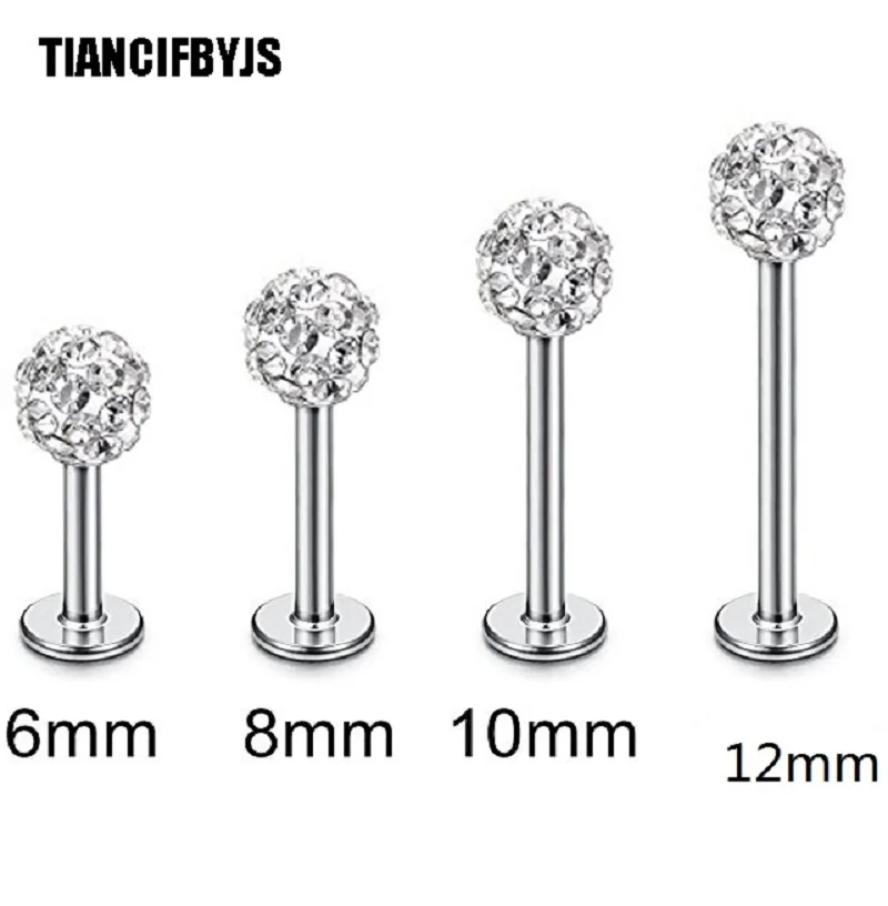 TIANCIFBYJS Clear Crystal 6/8/10/12mm 40pcs Labret Piercing Bar Barbell Tragus Earring Stainless