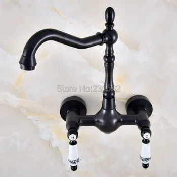 

Black Oil Rubbed Brass Kitchen Sink Faucet Wall Mounted Double Handle Bathroom Basin Cold And Hot Mixer Tap lnf861