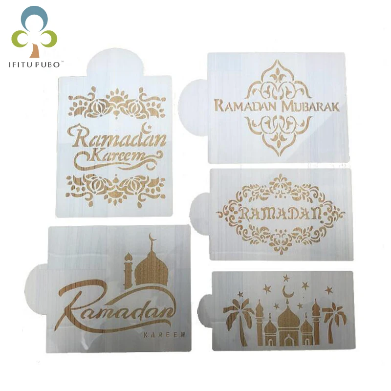 5pcs/set Ramadan Kareem Spray Stencils Birthday Cake Mold Decorating Bakery Tools DIY Kicthen Accessries for eid mubarak GYH