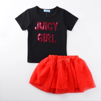 

Fashion 2019 NEW Girls Cartoon Summer Clothes Baby Suits Kids Sequins Letter T Shirt + Dress Children Clothing Set