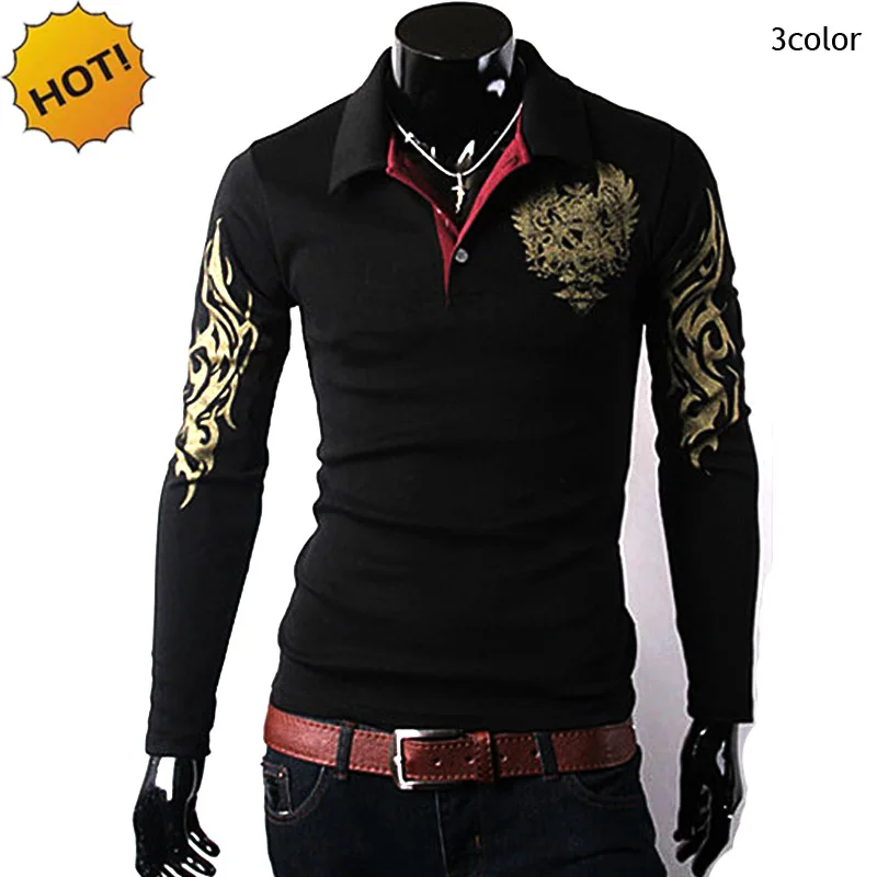 

New 2019 Spring Autumn Winter Big Eagle printing Thermal Men Polo Shirt Lapel Slim Fit Long Sleeve Joker Pullover Polos Hombre