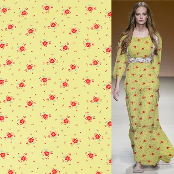 

Red floral print on bright yellow bottom silk crepe de chine fabric,SCDC1054